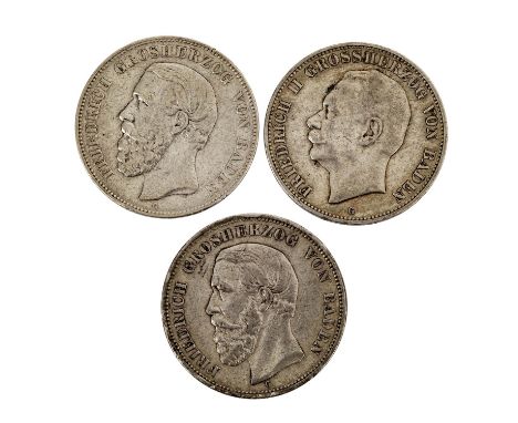 Deutsches Kaiserreich / Baden - 3 x 5 Mark: Grossherzog Friedrich 1876, 1901, Friedrich II 1908, Erhaltungen ss, teils Randfe