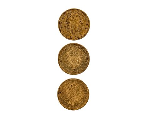 Baden/GOLD - 3 x 10 Mark, 2 x 1876 G Friedrich, 1 x 1912 G Friedrich II. Je ca. 3,58 g fein, ss| Baden/GOLD - 3 x 10 marks, 2