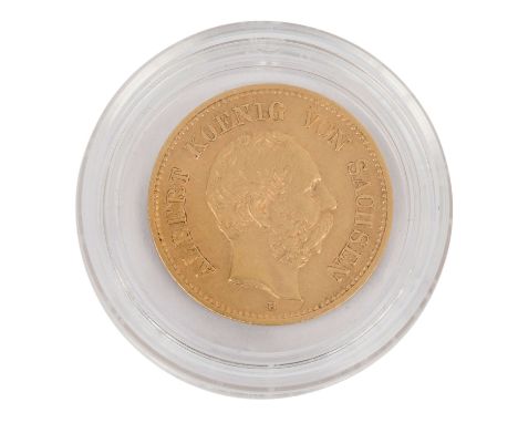 Sachsen - 5 Mark 1877/E, König Albert, ss, berieben, Kratzer, minimal verschmutzt, leichte Tönung, 1,79g Gold fein.| Saxony -