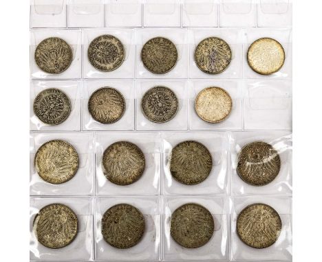 Deutsches Kaiserreich / Baden / Bayern / Sachsen / Preussen - Konvolut von 9 x 2 Mark + 8 x 3 Mark, meist vf.| German Empire 