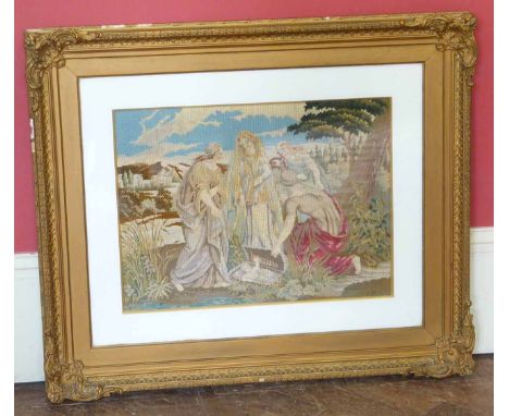 Gilt framed tapestry depicting moses in the reeds. Unfortunately we cannot do condition reports for this sale.