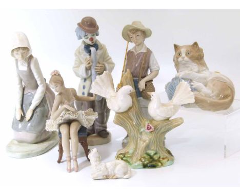 Lladro fisher boy, clown and ballerina, Nao cat and sheperdess and a doves group. Unfortunately we cannot do condition report