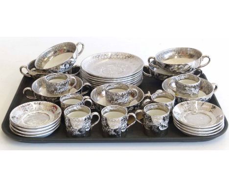 Wedgwood (etruria) eight silveer listre coffee cups/saucers complete with seven soup bowls/saucers Unfortunately we cannot do