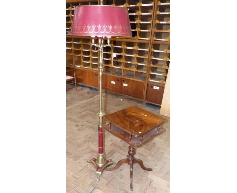 Reprodux Bevan Funnell mahogany wine table and campaign style metal ware standard lamp on claw feet. Unfortunately we cannot 