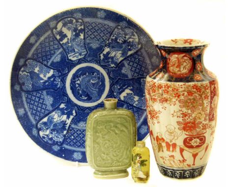 Japanese Imari vase, a charger, Celadon bottle vase and a glass scent bottle Unfortunately we cannot do condition reports for