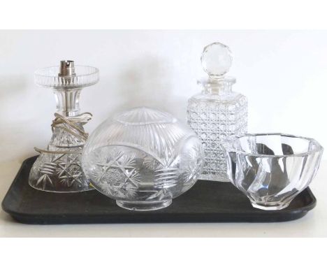 Orrefors glass vase of swept form, cut glass Georgian style decanter and cut glass table lamp. Unfortunately we cannot do con