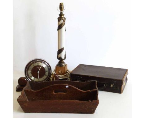 Metamec electric mantel clock, Roman column style lamp base, small cowhide case and two division cutlery tray. Unfortunately 