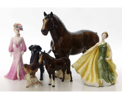 Beswick Burnham Beauty large shire, another horse, black Labrador, goebel bird, Royal Doulton Alexandria and Coalport ascot l