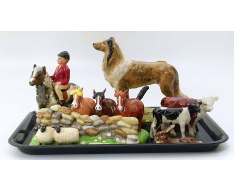 Coalport Nag, Nag, Nag, Royal Doulton Rough Collie, Hare, two Beswick Calves and a model of a boy on pony. Unfortunately we c