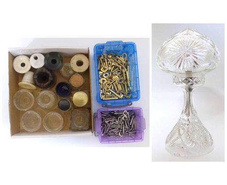 Cut glass table lamp, two boxes of keys, inkwells etc. Unfortunately we cannot do condition reports for this sale.