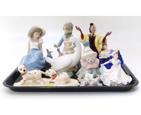 Royal Doulton Cruella De Vil, Lucky and Freckless on Ice, Elaine, Ninette, Lladro Clown, two Nao figures and one other. Unfor