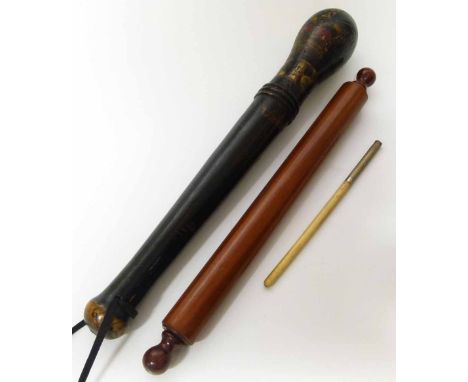 Black painted and gilt decorated V.R. Peelers type truncheon 34cm long and roller containing dep pen inscribed Muriel 1898. U