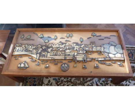 1970's coffee table by R. McCoskery enclosing studio potter Enclosing the view of a harbour scene bearing monograph VSW Unfor