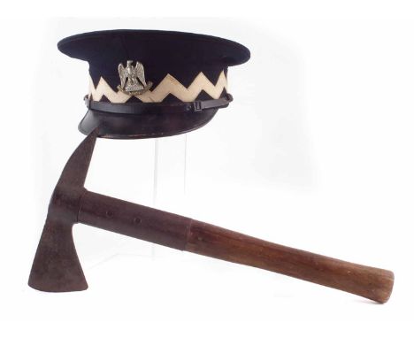 Royal Scots Greys peaked cap by Hobson and Sons, size 6 3/4, also a Firemans axe stamped 'GR' the axe measures 40.5cm long Un