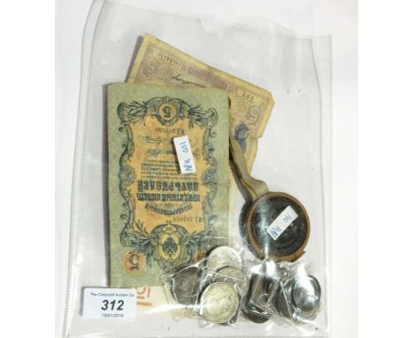 Folding camera in leather tan case, marked with retailer "O.Diradour, Cairo", quantity of buttons, brass scent bottle, quanti