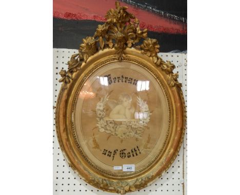 Tapestry picture 
"Vertrau auf Gott!" in gilded frame with floral pierced cresting 