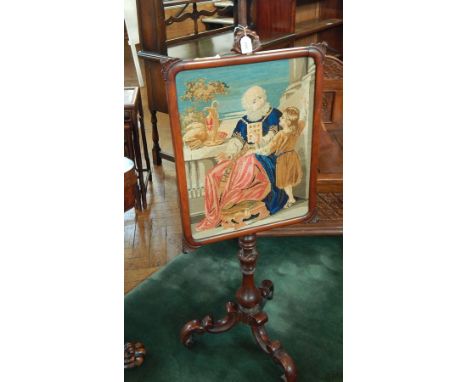 Victorian mahogany pole screen, the rectangular panel with woolwork tapestry picture depicting elderly gentleman and child, o