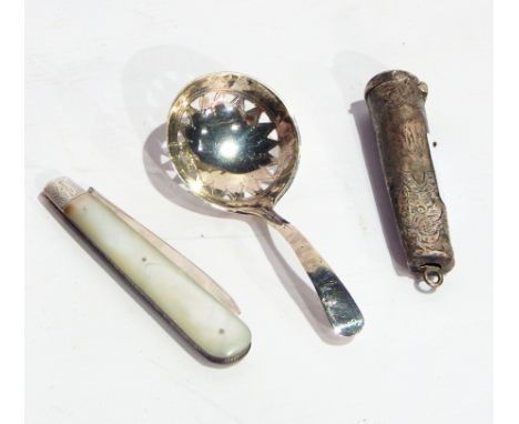 Silver sifter spoon, marks rubbed, silver cheroot holder with suspension ring and silver bladed knife with mother-of-pearl sc