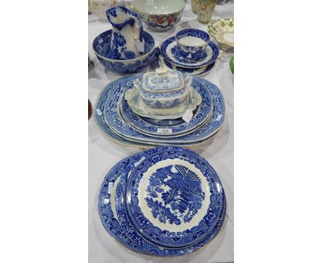 Three Victorian earthenware meat dishes "Willow" pattern, two matching plates, Victorian blue and white sauce tureen and cove