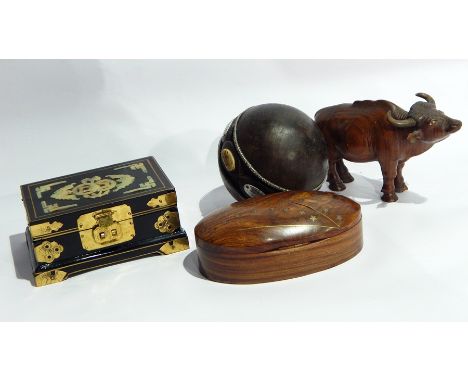 Quantity of hardwood decorative items, brassware, reproduction miner's lamp, etc. (1 box) 