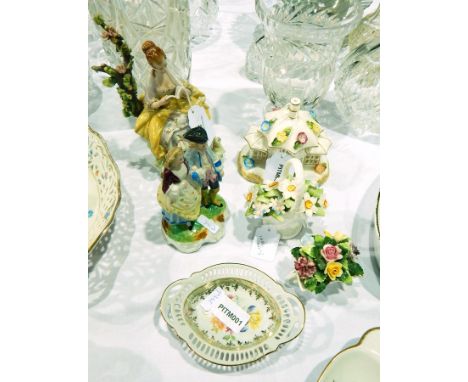 Capodimonte porcelain figure of lady seated, reading, Coalport "Parasol House" night light and four other decorative ceramic 