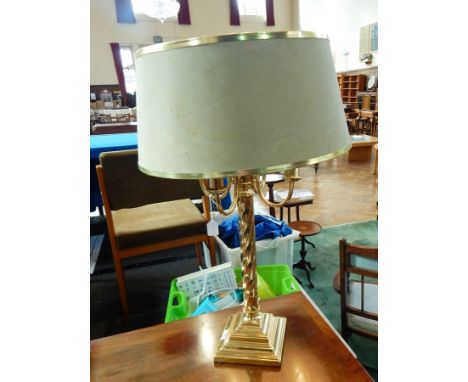 Brass pillar table lamp with four scroll branches and spirally twisted column, all on stepped square base, 72cm high overall 