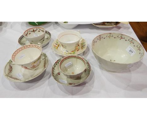 18th century porcelain sugar basin (possibly Newhall) (restored), two porcelain tea bowls, four various saucers and two teacu