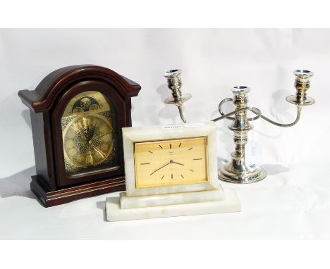 A modern Bentima reproduction bracket clock with quartz movement and a mid 20th century marble mantel clock of rectangular fo