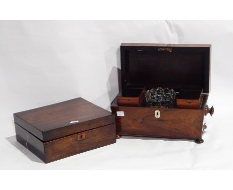 Early 19th century rosewood shaped tea caddy with fitted interior, compartments and mixing bowl, on bun feet together with Ge