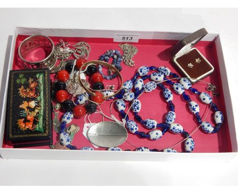 Quantity silver and costume jewellery and Russian papier mache trinket box 