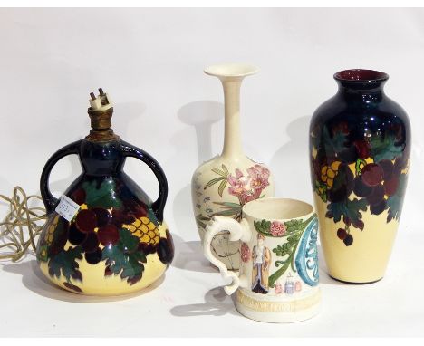 Tuscan pottery faience vase, ovoid and matching two-handled table lamp "Plant" pattern, two Royal Doulton character spirit ju