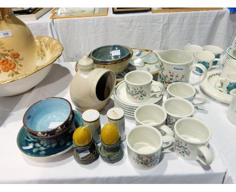 Studio stoneware fruit bowl, oval, blue and green decoration, quantity sundry stoneware and set of six Portmeirion cups and s
