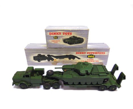 TWO DINKY MODEL MILITARY VEHICLES  comprising a No.660, Thorneycroft Mighty Antar Tank Transporter, olive drab with matching 