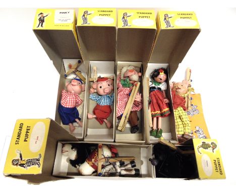 SEVEN PELHAM PUPPETS  comprising Pinky; Perky; Farmer; Gypsy; Horse; Poodle; and Rupert, all but the latter boxed; together w