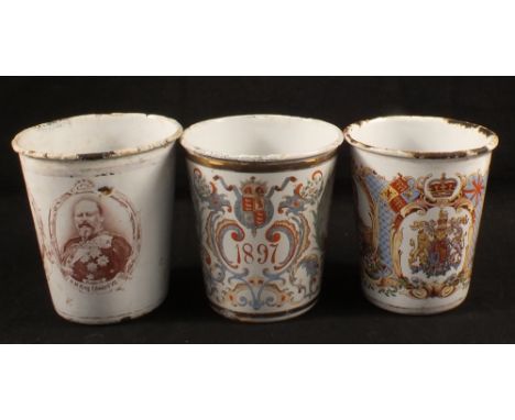 Six enamel Royal commemorative beakers, Victoria to Geo V