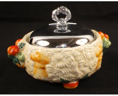 A Clarice Cliff Harvest Barbola sugar bowl and metal lid