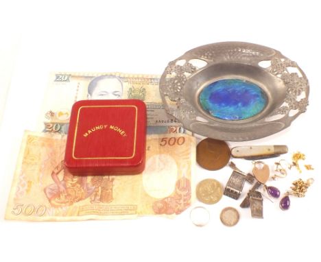 A German pewter dish iridescent enamel plaque to bottom, a pair of Silver shipping cufflinks, Silver and Amethyst earrings, a