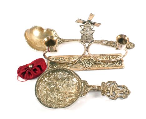 A continental Silver caddy sifter spoon and a Dutch Silver plated candlestick etc
