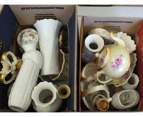 Various Kaiser white porcelain vases, a china clock plus other china (two boxes)