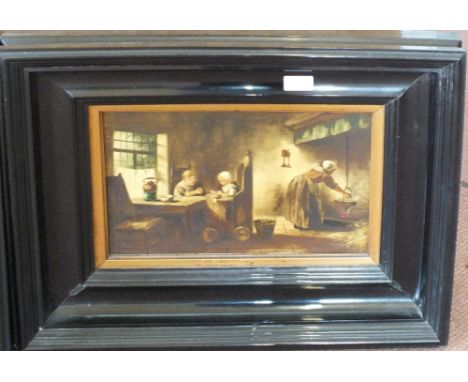 M.V.D.Tougin, a pair of oleographs on panel of cottage interiors with figures, 9" x 14"