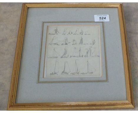 A pencil drawing of various sailboats, inscription verso, Edward William Cooke R.A. (from a sketch book), 5" x 4 1/4"