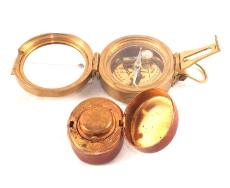 A modern Brass compass and a gilt travelling inkwell