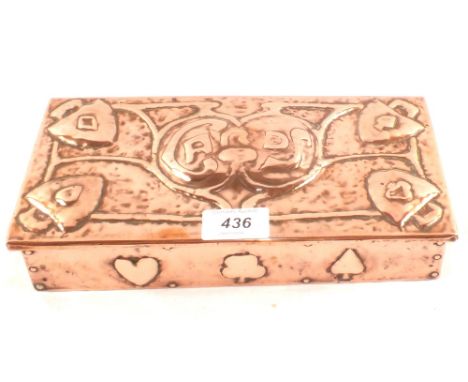 An Art Nouveau three division embossed Copper bound rectangular playing card box, 10 1/4" wide