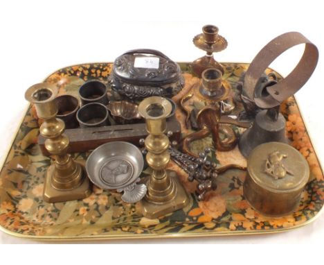 A dome clock, Silver plated cruet plus Brass and metalware (two trays)