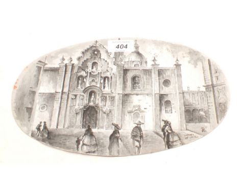 An oval monochrome enamel plaque of a continental church