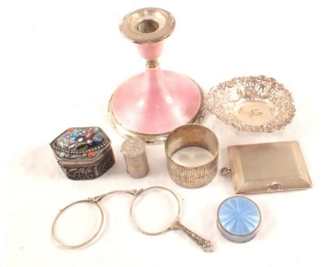 A pink guilloche enamel Silver candlestick and other Silver plus white metal items
