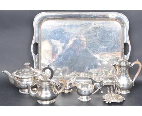 A 20th Century large silver plated butlers serving tray together with an assorted breakfast tea / coffee service. To include;