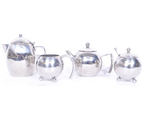A retro mid 20th century stainless steel tea service in the in the manner of Alessi. Each piece having angular handles and be