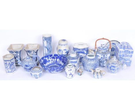 A large collection of 20th century Chinese blue and white china to include character mark lidded ginger jar, pair of planters