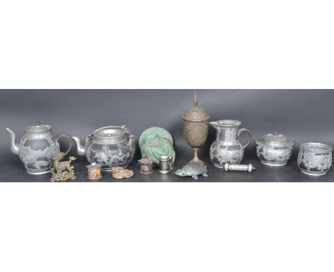A collection of Chinese metalwares to include a Chinese metal tea service including teapot, jug, creamer etc along with lidde